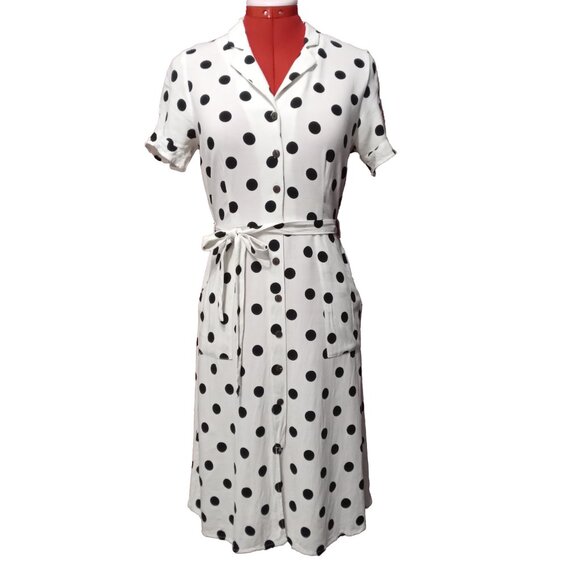 Monteau White Short Sleeve Button Down Polka Dot Lightweight Summer Dress US L - Picture 1 of 6